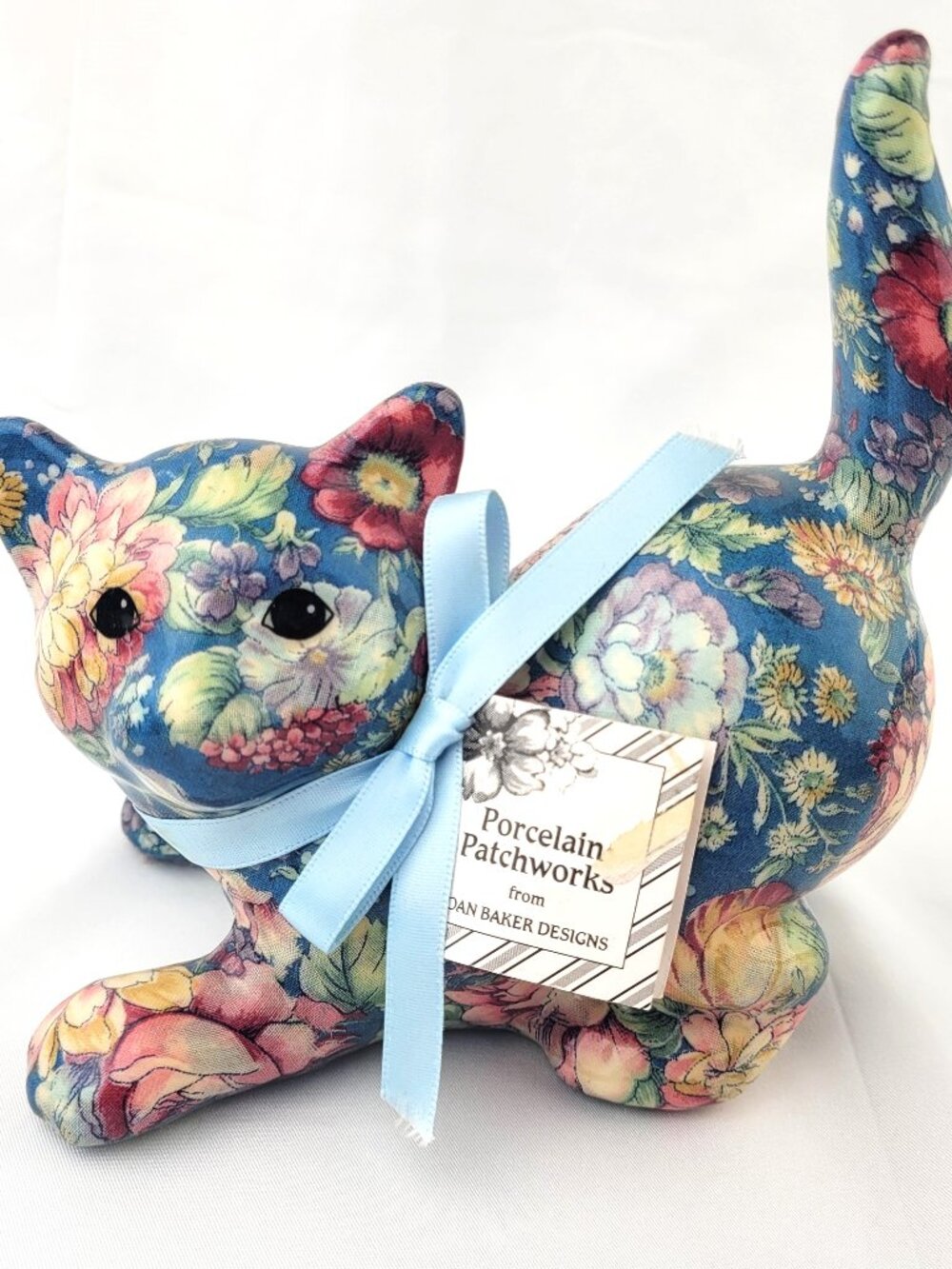 Patchwork Cat Figurine Joan Baker Kitty Kitten Cat Lover Porcelain Floral Vtg